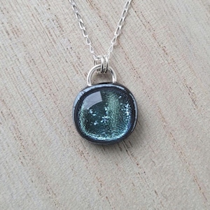 Silver/light blue dichroic glass and sterling silver drop pendant necklace
