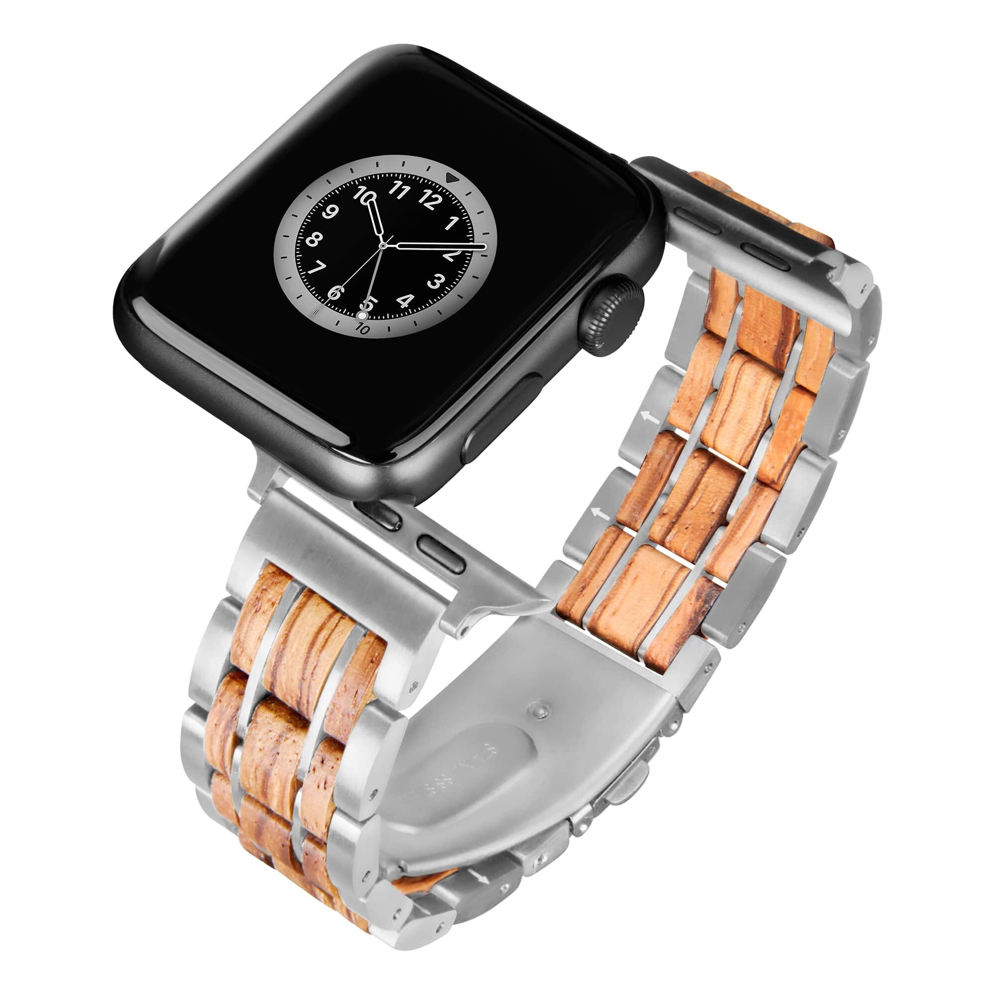 LAiMER - Apple Reloj Zebrano Wooden Band OSLO - plata, 20 mm - apto para Apple Watch Series 7/6/SE/5/4/3/2/1 - 42/44/45 & 38/40/41 mm