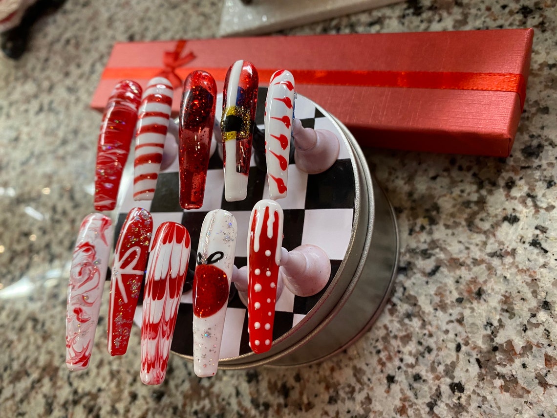 Christmas Custom Press Ons Nails Designs Red White | Etsy
