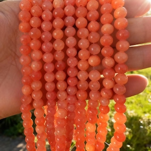 鮮やかなオレンジ色の翡翠ビーズ、4～12mmの丸い滑らかなビーズ、良質のルースビーズ、ヒーリングビーズ、フルストランド、ジュエリー用品 / STN0071