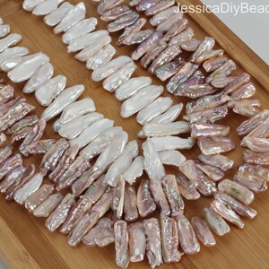 White/Purple Good Luster Biwa Stick Pearl Beads, Natural Freshwater Pearls, Loose Pearl Beads,Handmaking Jewelry,Full Strand-15 inches 52pcs