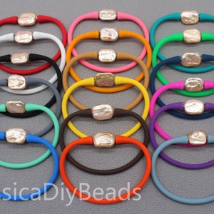 1pcs-7.5inches/19cm Rectangle Light Pink Freshwater Pearls&Rubber Silicone Wristband Bracelet,Wholesale Bracelet,Colorful Bracelet---Bar-47