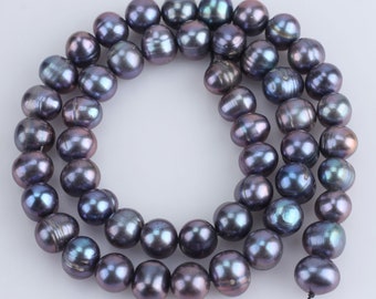 Peacock Black Freshwater Pearl Beads, 8-9mm Nearly Round Pearl Beads, Potato Pearls, Good Luster Pearls, Loose Pearl Beads Strand