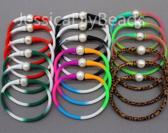 7.5inches/19cm White Pearl Waterproof Bracelet, Rubber Silicone Bracelet with Round Pearls, Wholesale Jewelry, Jewelry Gift for Women--Bar49