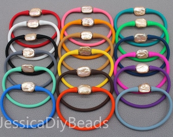 1pcs-6.7 inches/17cm White Thick Coin Freshwater Pearl Bracelet, Elastic Silicone Bracelet, Rubber Elastic Bracelet, Gift For Her--Bar35