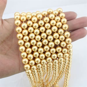 8mm Gloden Shell Pearl, Smooth Round Pearl Beads, Loose Pearl Beads For Jewelry Bracelet Necklace Making, Full Strand-50pcs--16inches--FP140