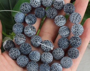 Matte Black Weathered Agate, Cracked Style Frosted Agate, 6-10mm Round Agate Beads, Loose Beads, Jewelry Making, DIY Beading Supplies/MS0053