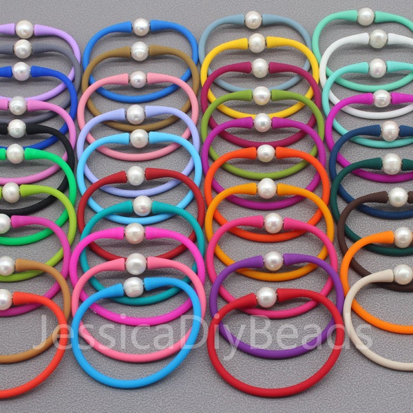 1 pcs-6.7 inches/17cm  White  Pearl & 39 colors Silicone Rubber Stretch bracelet,Natual Pearl Waterproof Bracelet,Handmade jewelry---Bar-5