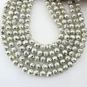 8mm Silver Lava Rock Beads,Electroplated Volcanic Rock Gemstones,Loose Stone Beads For DIY Necklace Bracelet -15-16 inches-ST170