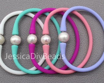 1pcs 8.3 inches/21cm- 10-11m Oval White Pearl Bracelet, 39 colors Silicone Rubber Waterproof Stretch bracelet,Valentine&#39;s Day gift-Bar-8