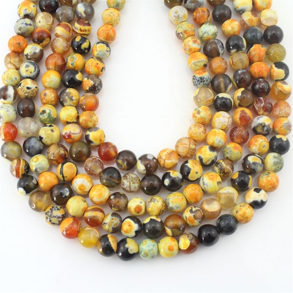 8mm Yellow and black Mixed Color Round Fire Agate Beads, Round Smooth Beads,Natural Agate Loose Beads String, Wholesale Beads-15inches-ST178