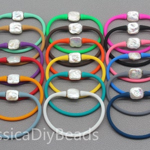 14-16mm 1pcs--7.5inches/19cm Natural White Freshwater Pearl&Rubber Silicone Wristband Bracelet, Events/Gifts/Support/Party Bracelet---Bar-48