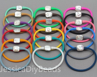 14-16mm 1pcs--7.5inches/19cm Natural White Freshwater Pearl&Rubber Silicone Wristband Bracelet, Events/Gifts/Support/Party Bracelet---Bar-48