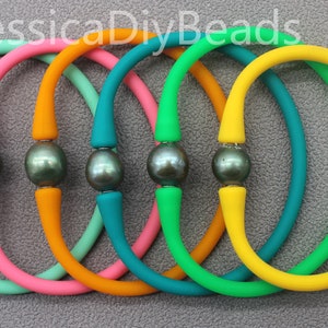 1X7.5 inches /19cm Custom Near Round Edision Freshwater Pearls With Waterproof Silicone Rubber Stretch Bracelet, 39 Colors Available-Bar-87