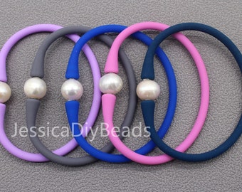 1pcs-Wholesale 7.5 inches/19cm Rubber Stretch bracelet,10-11mm White Freshwater Pearl  & Silicone Rubber Waterproof Stretch bracelet--Bar-7