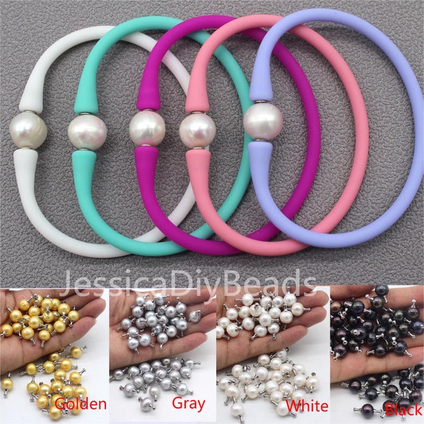1pcs-Wholesale 7.5 inches/19cm Rubber Stretch bracelet,10-11mm White Freshwater Pearl  & Silicone Rubber Waterproof Stretch bracelet--Bar-7