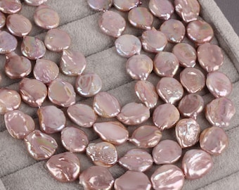16-18mm Natural Purple Freshwater Coin Pearl Beads, Nearly Round Pearls, Luster Genuine Pearl Beads, Wedding Gift--19pcs--16 inches--NK002-1