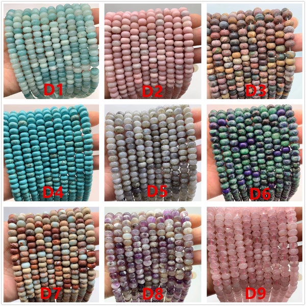 Cuentas de piedras preciosas circulares lisas de 5x8 mm, cuentas de color degradado, cuentas al por mayor, amazonita/ópalo rosa/turquesa/latita/phoenixita/cuarzo-77pcs-ST200