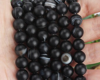 Matte Black Striped Agate Beads, Round Frosted Gemstone, DIY Jewelry Making