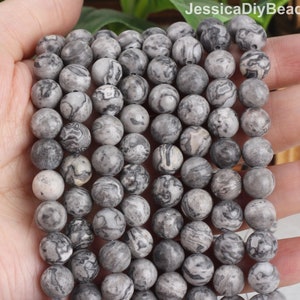 Map Gemstone Round Beads, Gray Lace Jasper Beads, Jewelry Making Bracelet Beads,Light Color Smooth Round Beads,DIY Beading Supplies/STN00185