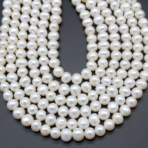 7-8mm White Freshwater Pearls, Natural White Potato Pearls, Nearly Round Pearls,Pearl Necklace,Pearl Jewelry,Jewelry Supplies-57-59pcs-FP202