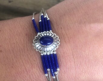 Southwestern Sterling Silver Liquid Silver and Faux Lapis Bracelet