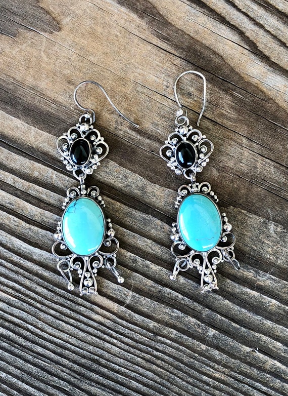 Sterling Silver Faux Turquoise and Onyx Ornate Ea… - image 3