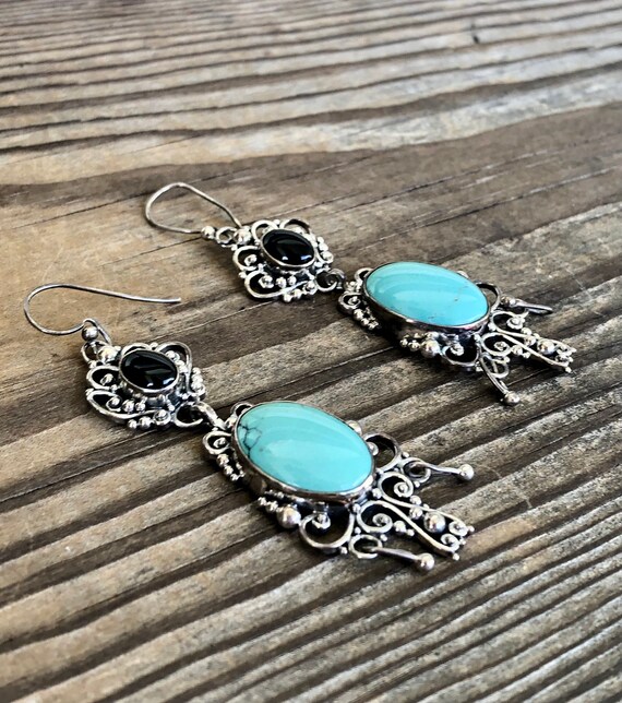 Sterling Silver Faux Turquoise and Onyx Ornate Ea… - image 4
