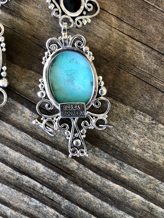 Sterling Silver Faux Turquoise and Onyx Ornate Ea… - image 6