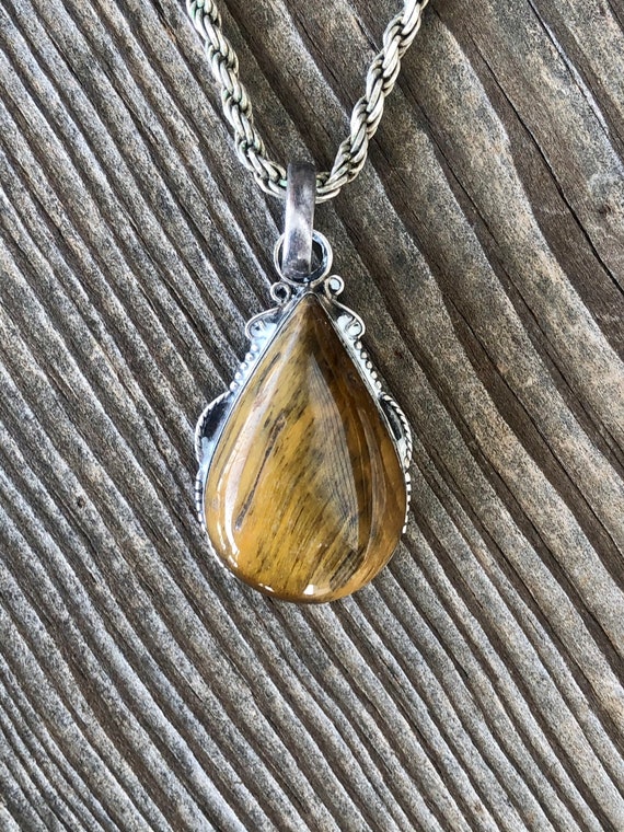 Sterling necklace Tigers Eye Pendant on Rope Chain - image 3