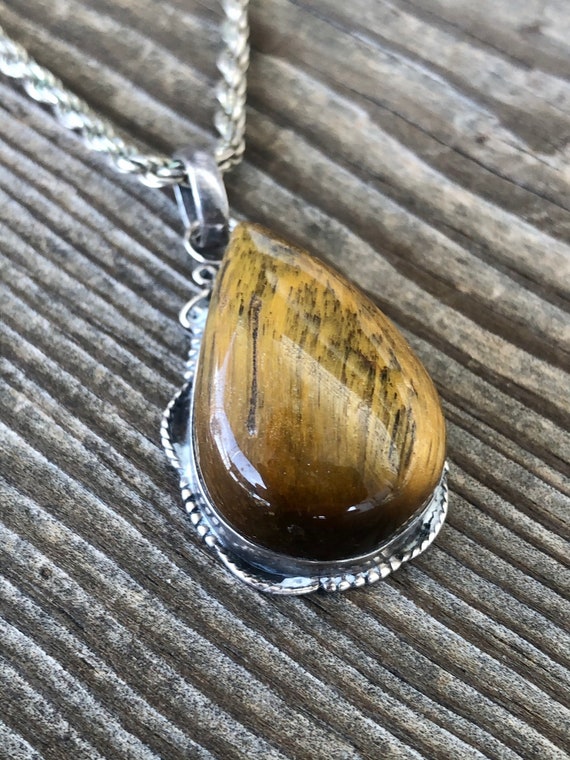 Sterling necklace Tigers Eye Pendant on Rope Chain - image 2
