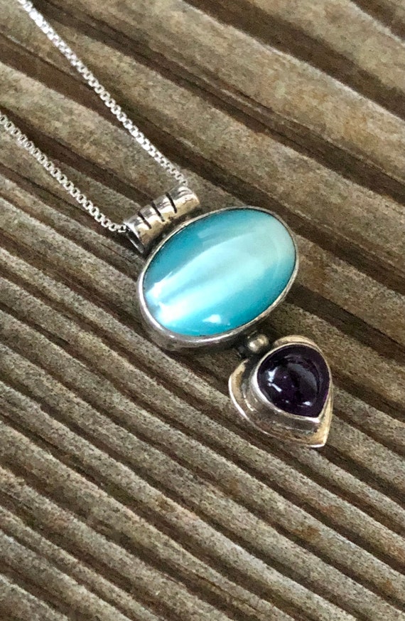Sterling Silver Blue Cats Eye and Amethyst Pendant