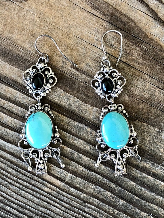 Sterling Silver Faux Turquoise and Onyx Ornate Ea… - image 2