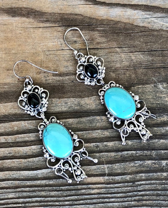 Sterling Silver Faux Turquoise and Onyx Ornate Ea… - image 1