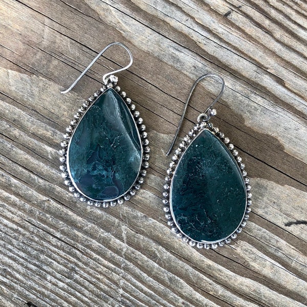 Dramatic Sterling Silver Moss Agate Teardrop Statement Earrings