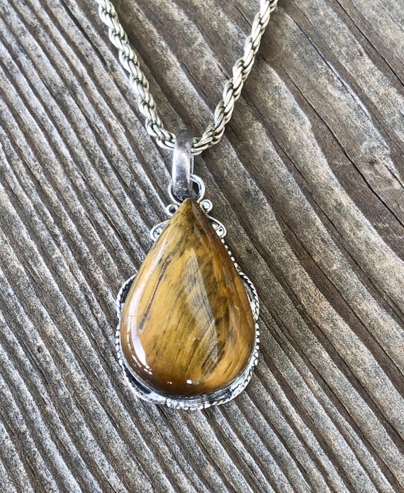 Sterling necklace Tigers Eye Pendant on Rope Chain - image 1