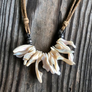 Vintage Boho Leather and Shell Necklace With Sterling Silver Hardware