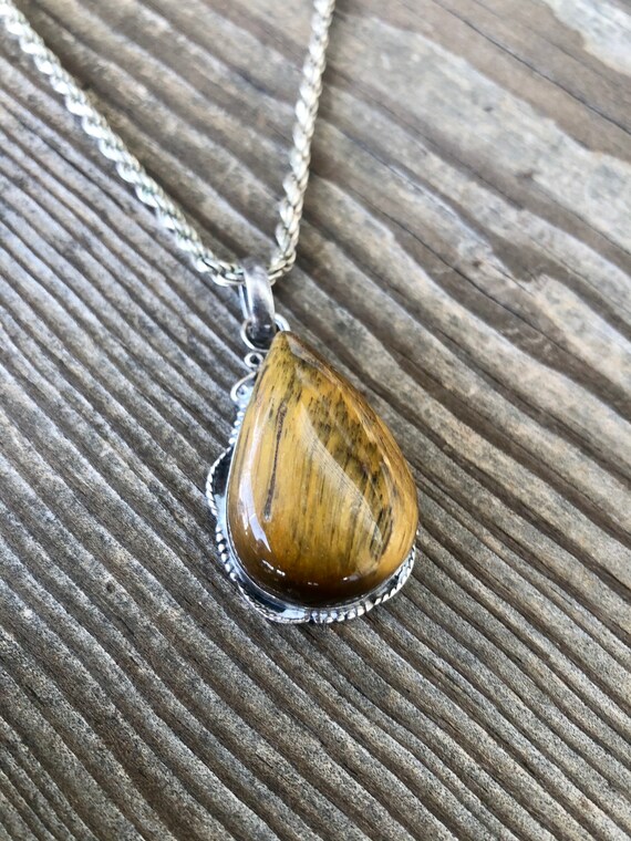 Sterling necklace Tigers Eye Pendant on Rope Chain - image 4