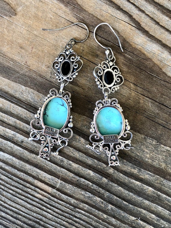 Sterling Silver Faux Turquoise and Onyx Ornate Ea… - image 5
