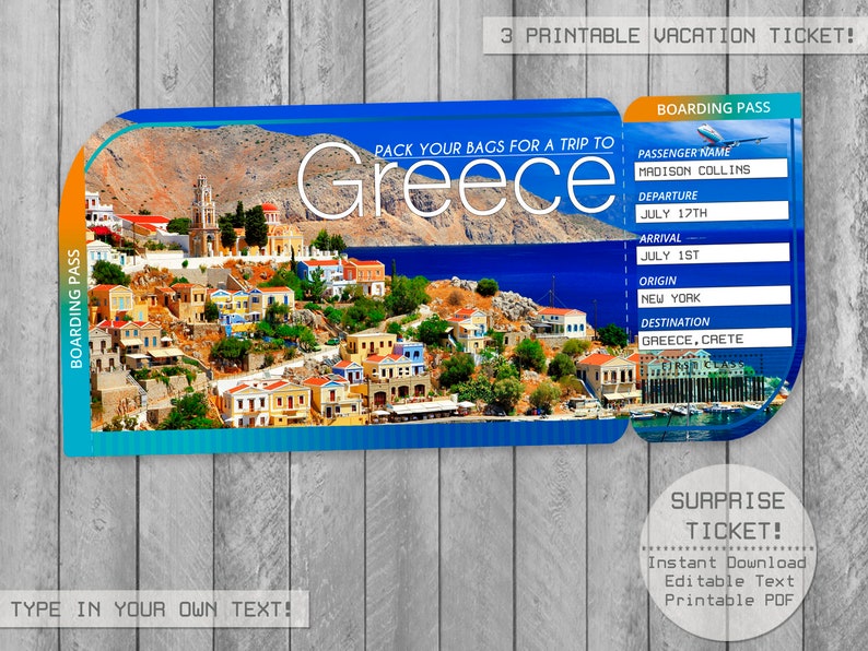 Greece Trip Ticket Printable Boarding Pass Greece Surprise Etsy