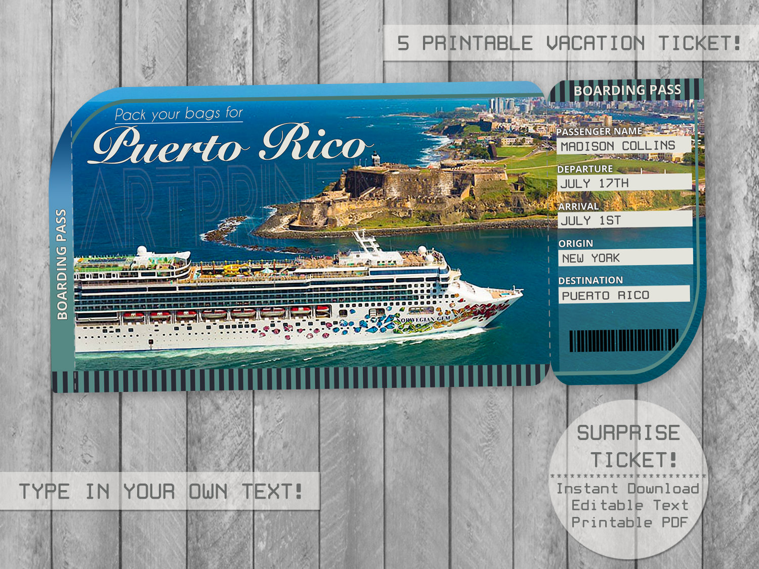Puerto Rico Trip Ticket Printable Boarding Pass Surprise Etsy