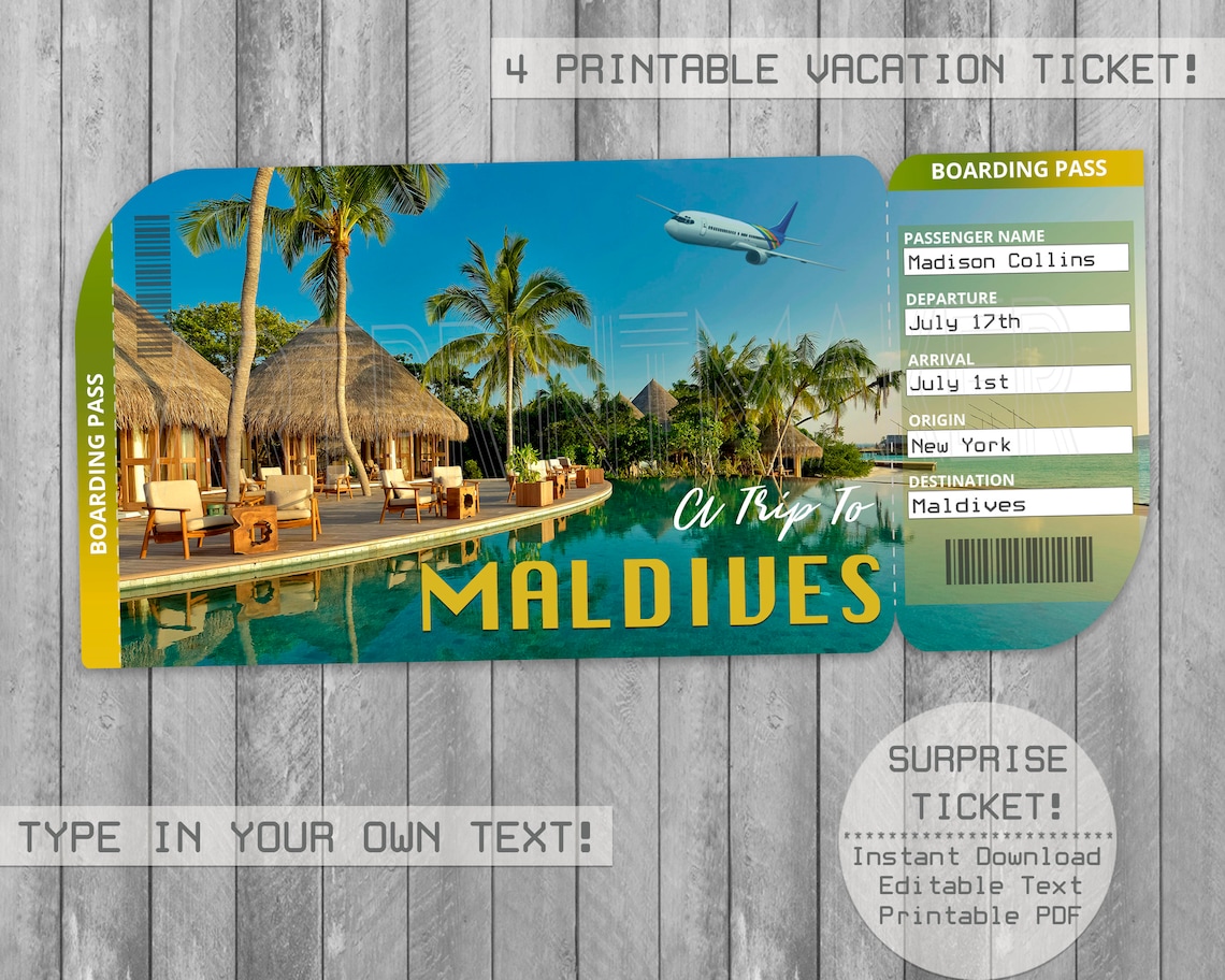 Maldives Islands Printable Ticket Boarding Pass Editable | Etsy