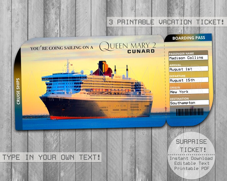 Queen Mary 2 Cruise Ships Printable Trip Ticket Boarding Etsy