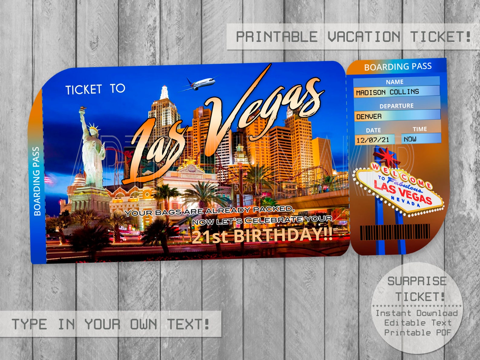 Las Vegas Birthday Printable Vacation Surprise Trip Ticket Etsy