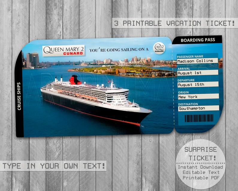 Queen Mary 2 Cruise Ships Printable Trip Ticket Boarding Etsy