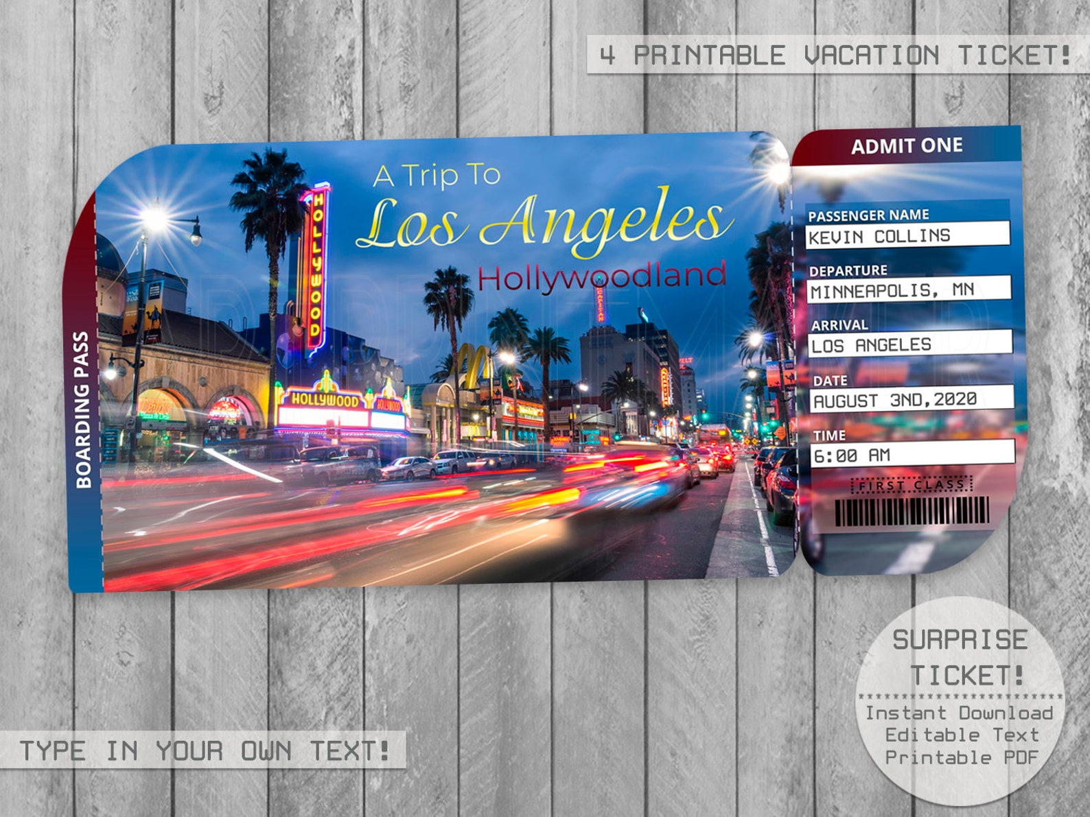 Los Angeles Trip Ticket Printable Boarding Pass Surprise Etsy