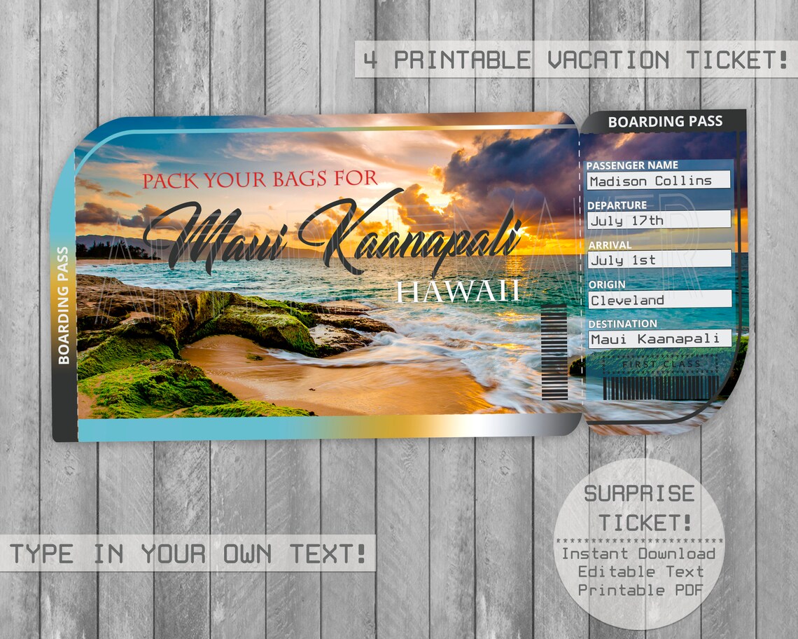 Maui Kaanapali Hawaii Trip Ticket Printable Boarding Pass Etsy