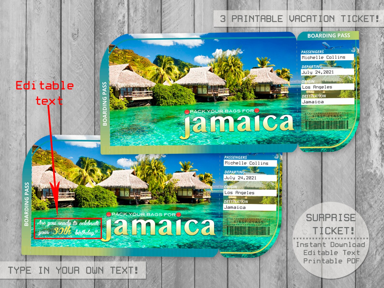 Jamaica Caribbean Printable Vacation Surprise Trip Ticket Etsy