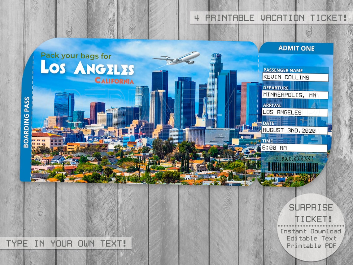 Los Angeles Trip Ticket Printable Boarding Pass Surprise Etsy