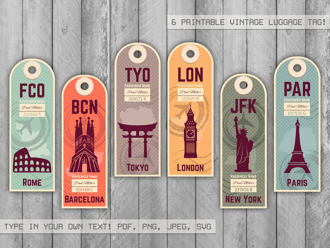 Vintage Cute Travel Tags Editable Luggage Tag Printable Tags Etsy